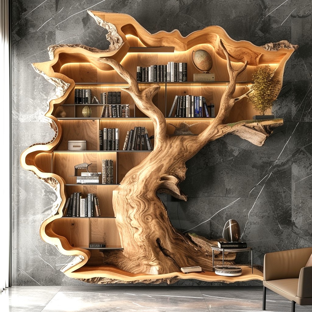 wood logs tree shape wall bookcase (10)